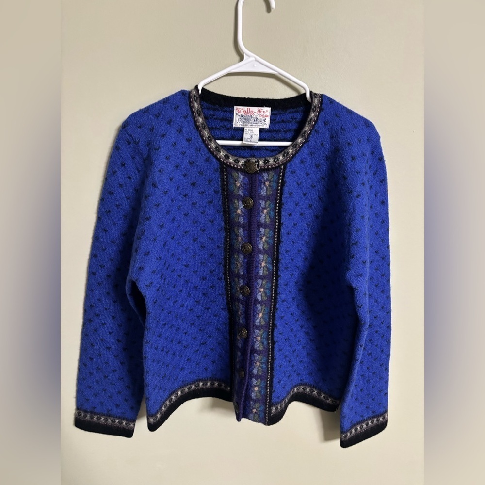 Tally Ho A Button Up 100 % Wool Cardigan Size Large Blue Vintage